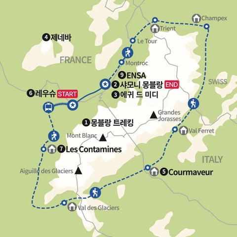 투르 드 몽블랑 TMB 핵심일주 지도
