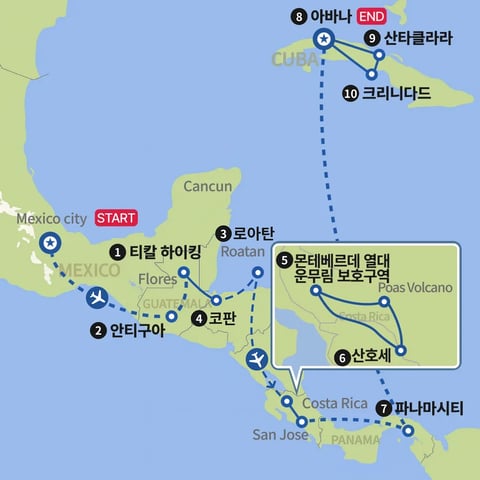 중미 6개국 멕시코에서 쿠바 지도