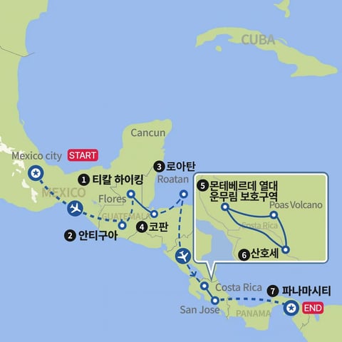 중미 5개국 멕시코에서 파나마 지도