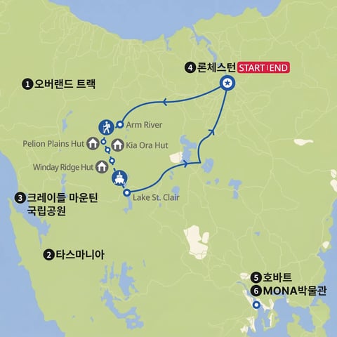 태즈매니아 오버랜드 핵심 트랙 지도
