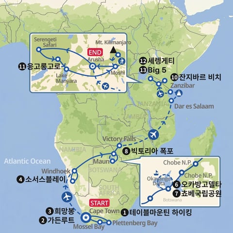 아프리카 종단 나미브사막에서 세렝게티  지도