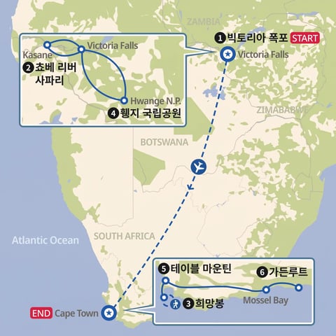 서던 아프리카 4개국 트래킹과 사파리 지도