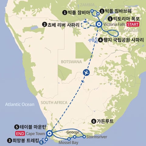 서던 아프리카 4개국 트래킹과 사파리 지도