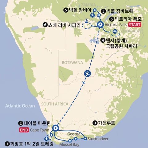 서던 아프리카 4개국 트레킹과 사파리 지도