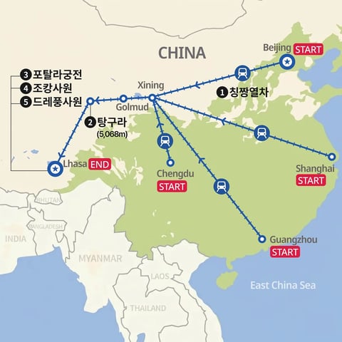 베이징에서 라싸 칭짱열차여행 지도