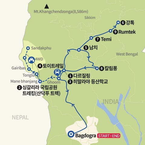 시킴여행, 다르질링에서 강톡 지도