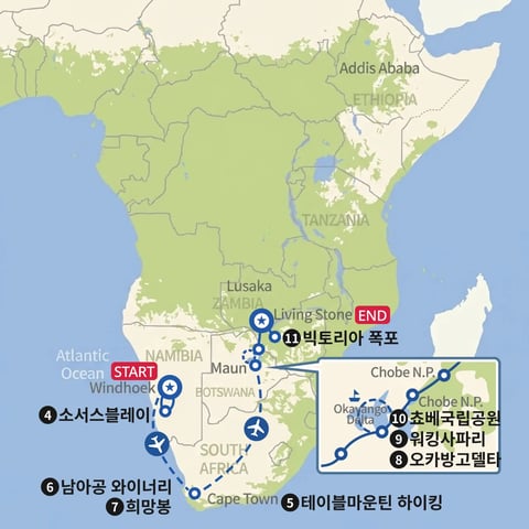 나미브 사막에서 빅토리아 폭포, 남아프리카 여행 지도