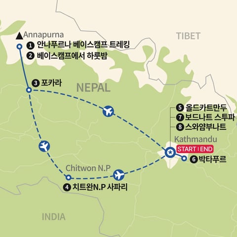 안나푸르나 베이스캠프 트레킹과 치트완 국립공원 지도