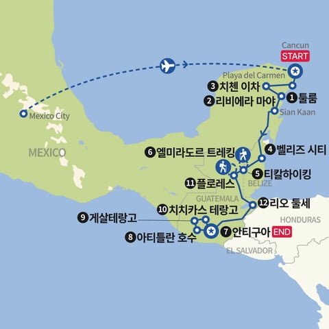 툴룸에서 안티구아 마야 문명여행과 미라도 정글 트레킹 지도