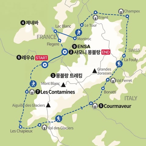 트레킹 원조, 투르 드 몽블랑(Tour du Montblanc) 완전일주 지도
