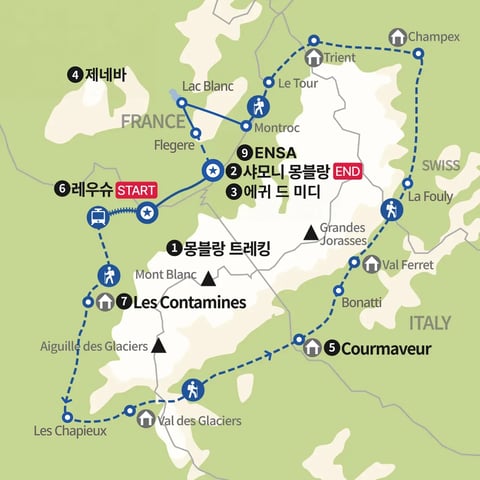 트레킹 원조, 투르 드 몽블랑(Tour du Montblanc) 완전일주 지도
