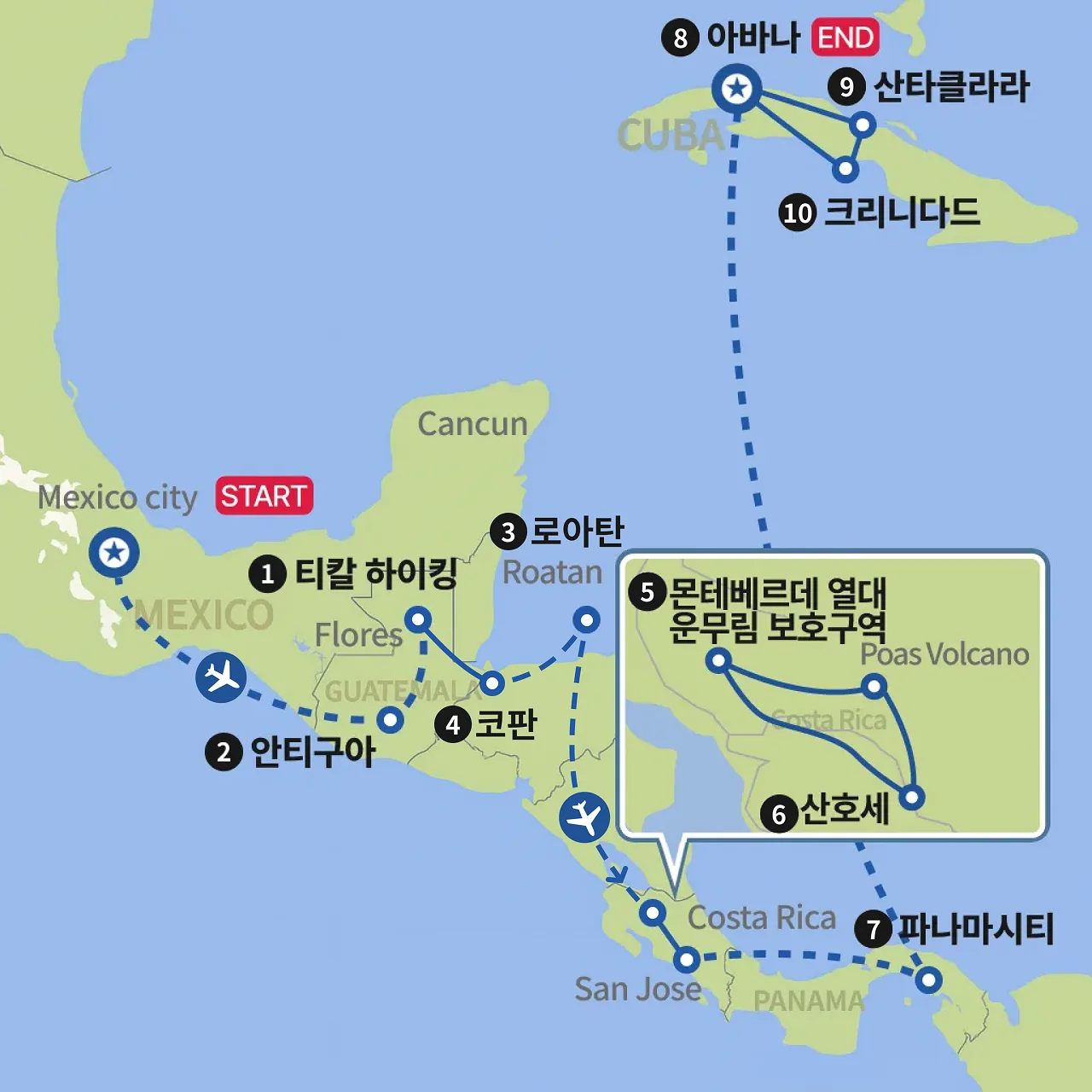 중미 6개국 멕시코 to 쿠바 지도