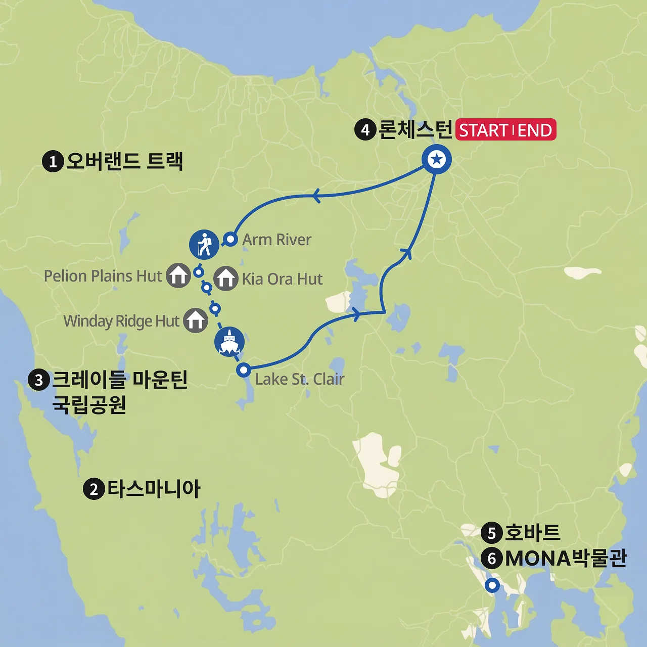 태즈매니아 오버랜드 핵심 트랙 지도