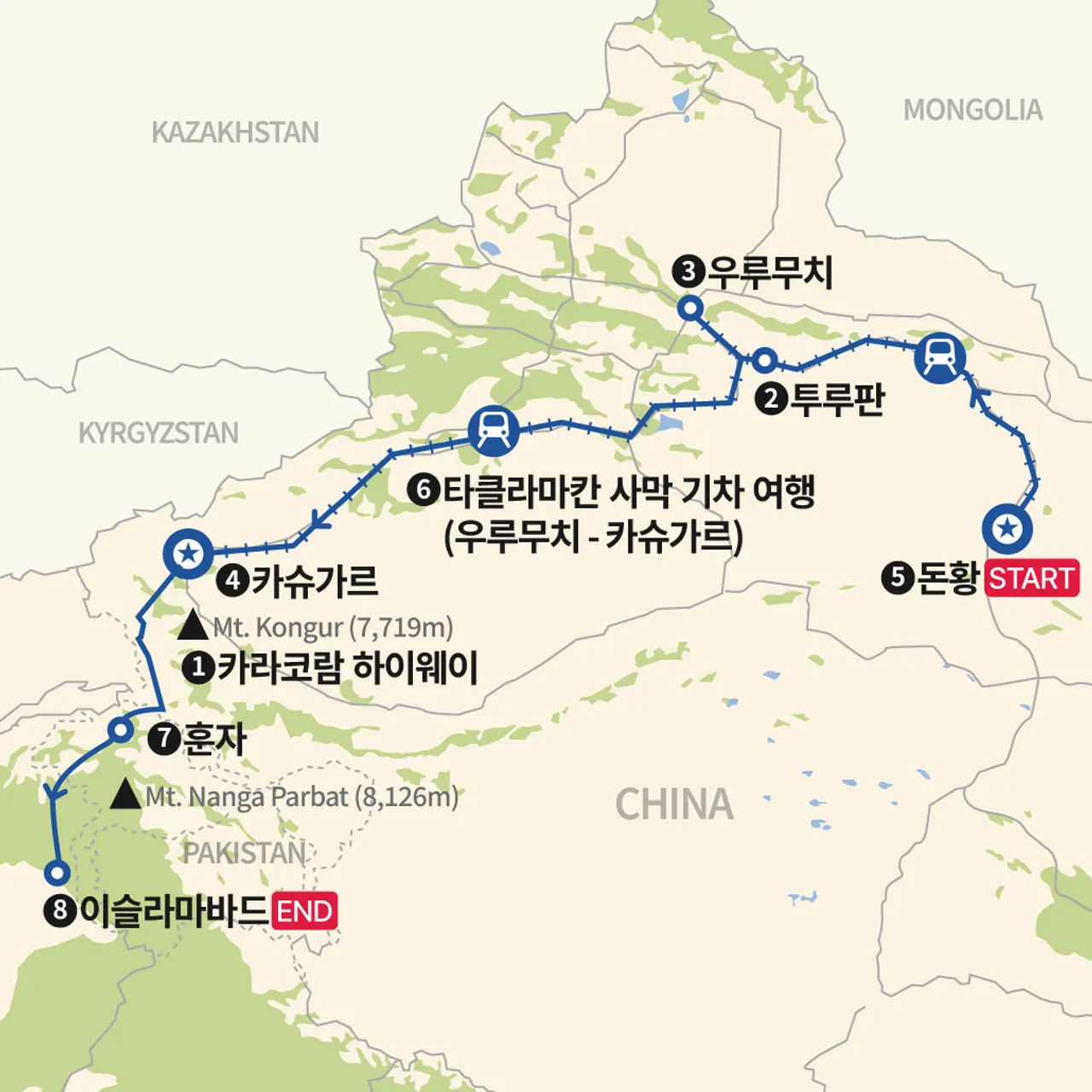 돈황에서 이슬라마바드 실크로드 기차 여행 지도