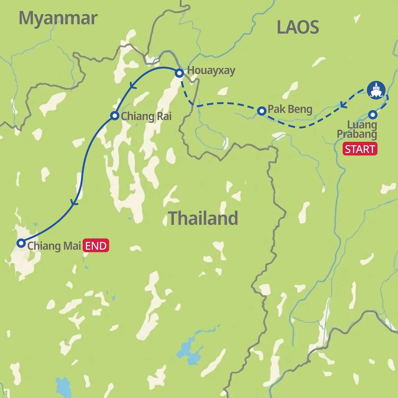 메콩강 크루즈: 루앙프라방에서 치앙마이까지 (셀프 가이드) 지도