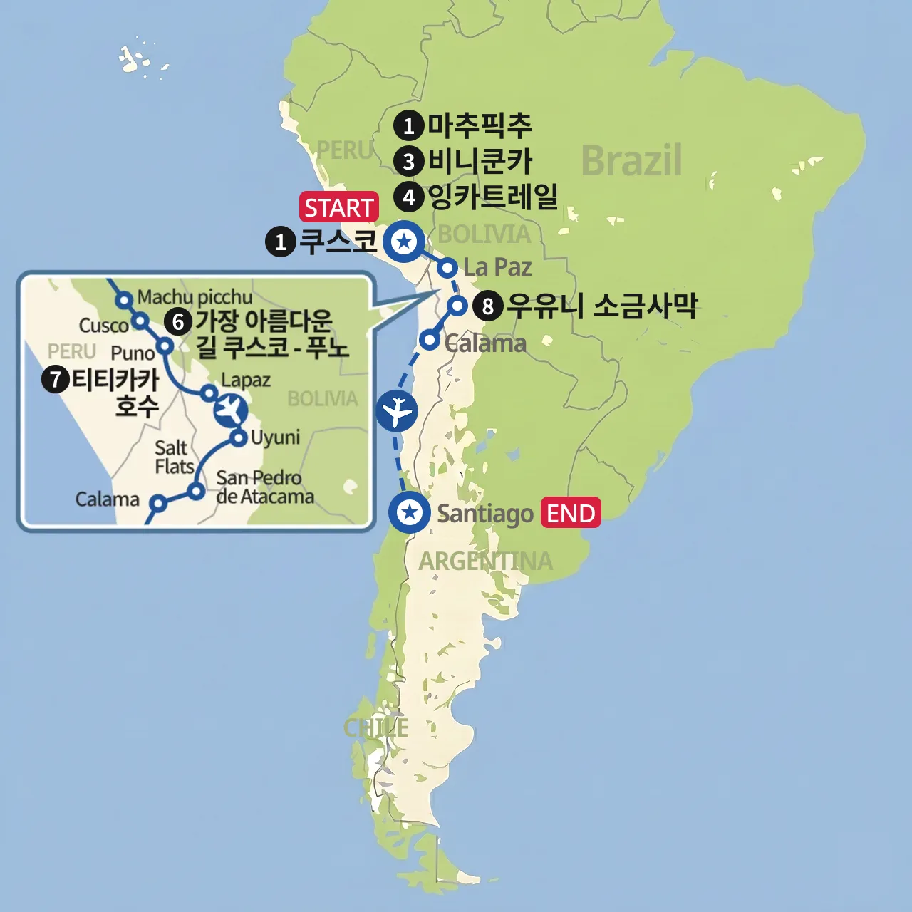 리마에서 우유니, 페루 볼리비아 여행 지도